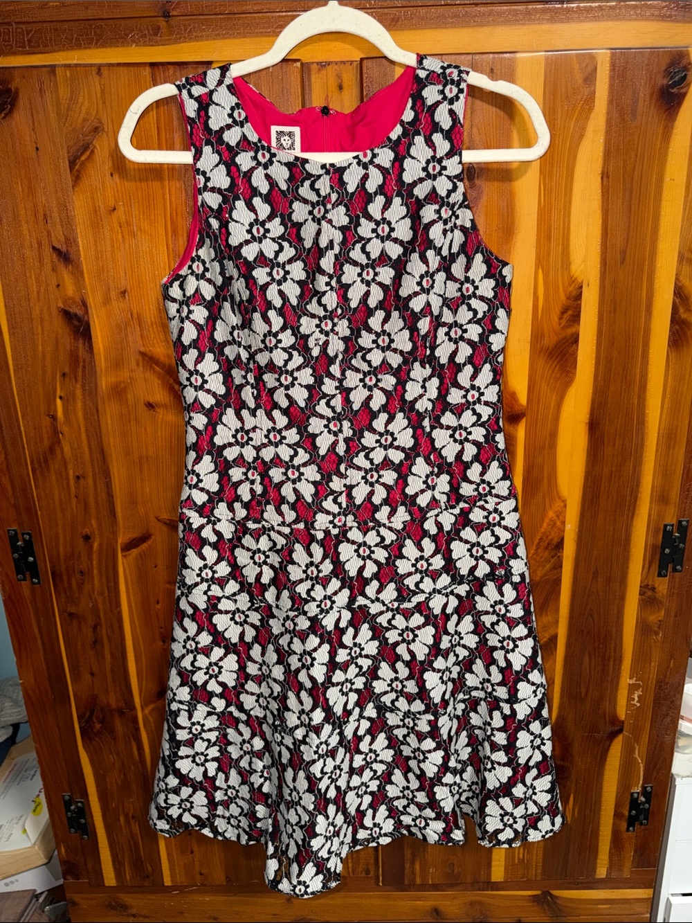 Anne Klein Pink, Black & White Floral Lace Fit-and-Flare Dress